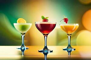 tre annorlunda typer av alkoholhaltig drycker på en tabell. ai-genererad foto