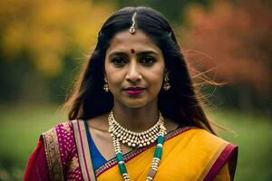 en skön indisk kvinna bär en färgrik sari. ai-genererad foto
