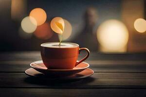 en kaffe kopp med en blomma på Det. ai-genererad foto