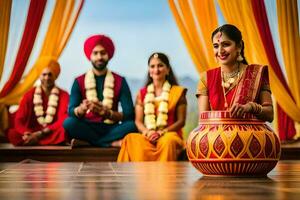 indisk bröllop ceremoni med en dhol trumma. ai-genererad foto