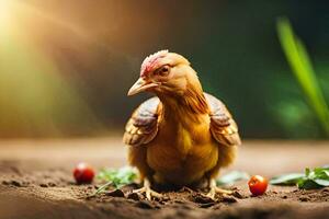 en kyckling är stående på de jord med några tomater. ai-genererad foto