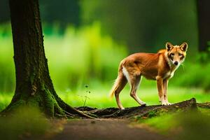 en röd hund stående på en väg i de skog. ai-genererad foto