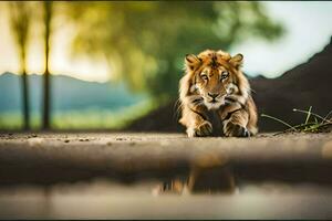 en tiger gående tvärs över de väg. ai-genererad foto