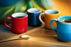 färgrik kaffe koppar på en tabell. ai-genererad foto