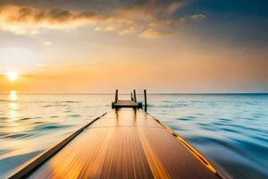 en trä- docka sträcker sig in i de hav på solnedgång. ai-genererad foto