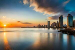 de Sol uppsättningar över de stad horisont i dubai. ai-genererad foto