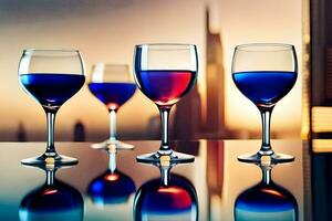 fyra vin glasögon med blå och röd flytande i dem. ai-genererad foto