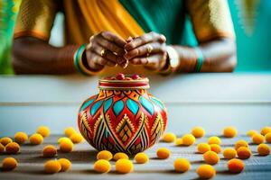 en kvinna i traditionell indisk klädsel är placering en krans på en färgrik pott. ai-genererad foto