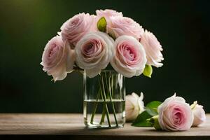 rosa ro i en vas på en tabell. ai-genererad foto
