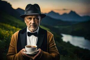 ett äldre man i en hatt och jacka innehav en kopp av kaffe. ai-genererad foto