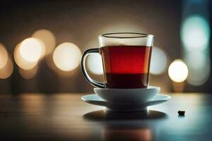 en kopp av te sitter på en fat med en ljus bakgrund. ai-genererad foto