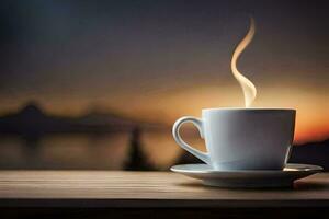 en kopp av kaffe på en tabell med en solnedgång i de bakgrund. ai-genererad foto