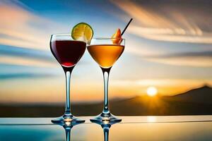 två glasögon av alkohol med solnedgång i de bakgrund. ai-genererad foto