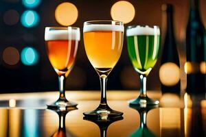 tre glasögon av öl på en tabell. ai-genererad foto