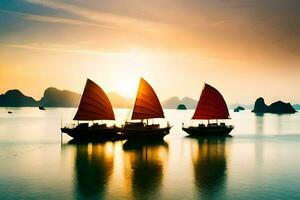 tre båtar med röd segel i de vatten på solnedgång. ai-genererad foto