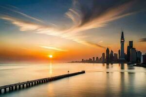 de Sol stiger över de stad horisont i dubai. ai-genererad foto