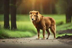 en lejon stående på en väg i de mitten av en skog. ai-genererad foto