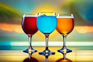 tre glasögon av färgad drycker på en tabell. ai-genererad foto