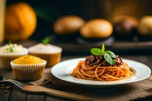 spaghetti och köttbullar på en tallrik. ai-genererad foto