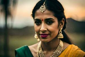en kvinna i en sari med guld Smycken. ai-genererad foto
