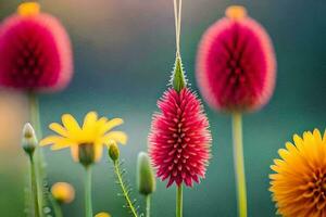 färgrik blommor är i de förgrund av en fält. ai-genererad foto