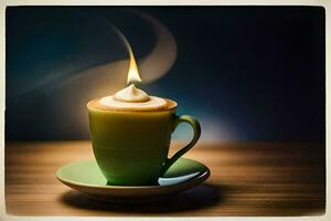 en kopp av kaffe med en ljus på topp. ai-genererad foto
