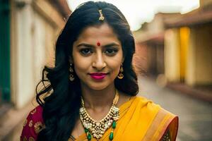 en skön indisk kvinna bär en gul sari. ai-genererad foto