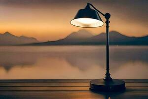 en lampa på en tabell i främre av en sjö. ai-genererad foto
