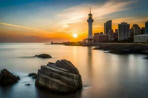 de Sol uppsättningar över de stad horisont i taiwan. ai-genererad foto