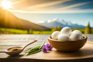 ägg i en skål med blommor och en sked på en tabell i de berg. ai-genererad foto