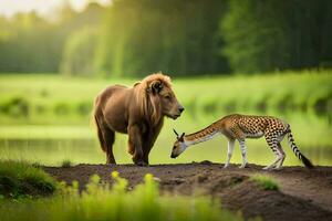 en lejon och en gasell i de vild. ai-genererad foto