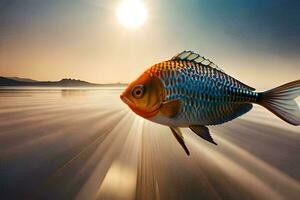 en fisk är flygande genom de luft på solnedgång. ai-genererad foto
