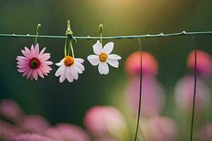 tre blommor hängande på en tråd. ai-genererad foto