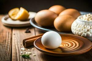 ägg, ris, och Övrig Ingredienser på en trä- tabell. ai-genererad foto