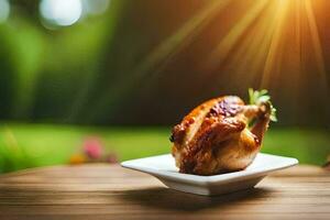 en kyckling på en tallrik på en tabell med solljus. ai-genererad foto