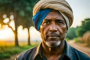 ett afrikansk man bär en turban i de landsbygden. ai-genererad foto