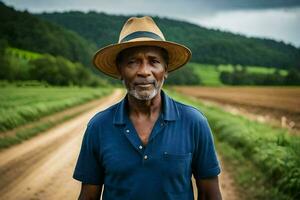 ett afrikansk amerikan man i en hatt stående i en smuts väg. ai-genererad foto