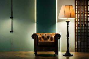 en stol och lampa i en rum med grön väggar. ai-genererad foto