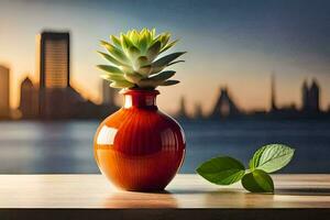 en röd vas med en saftig växt på en tabell i främre av en stad horisont. ai-genererad foto