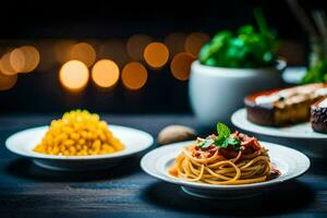 spaghetti och köttbullar på en tallrik med en ljus i de bakgrund. ai-genererad foto