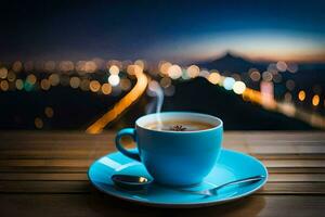 en kopp av kaffe på en trä- tabell med en stad se. ai-genererad foto