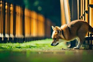 en hund sniffa de jord nära en staket. ai-genererad foto
