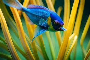en blå och gul fisk är i de gräs. ai-genererad foto