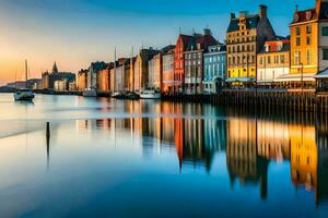 de stad av köpenhamn på solnedgång. ai-genererad foto