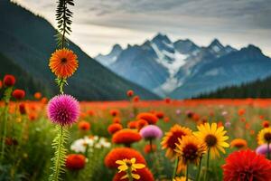 en fält av blommor med bergen i de bakgrund. ai-genererad foto