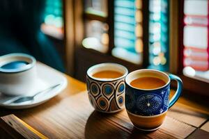 två koppar av te sitta på en tabell i främre av en fönster. ai-genererad foto