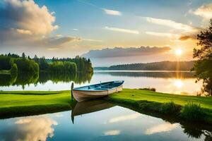 de båt på de sjö på solnedgång. ai-genererad foto