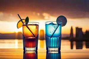 två drycker med färgrik drycker på en tabell i främre av en solnedgång. ai-genererad foto