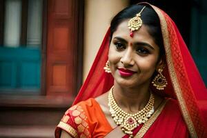 en kvinna i en röd sari och guld Smycken. ai-genererad foto