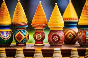 färgrik trä- vaser med färgrik mönster på dem. ai-genererad foto